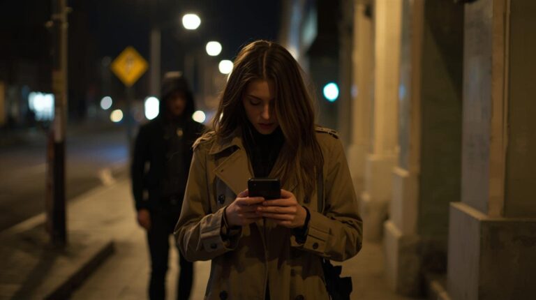 a man with a hoodie on follows a woman who is on her phone down a street. Representation of stalking and stalking laws
