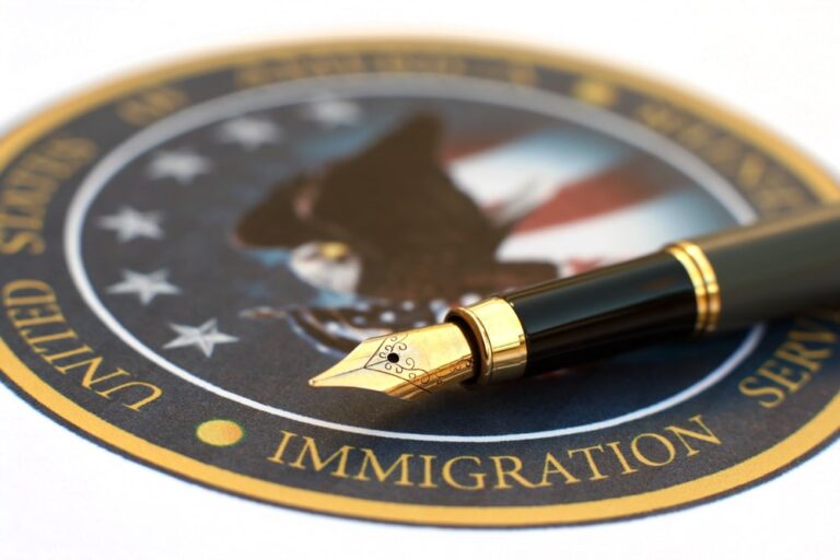 Image is of a fountain pen placed on a United States immigration seal, concept of legal review and immigration consequences after a domestic violence conviction.