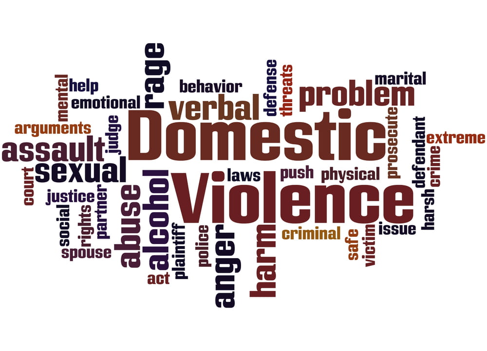 Image is of a word cloud highlighting terms like abuse, assault, and law, concept of domestic violence awareness