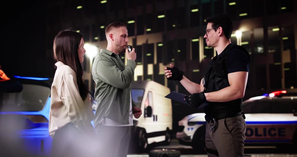 Image is of a police officer conducting a roadside breath test during a DUI in Cocoa Beach stop, showing the legal situation professionals may face