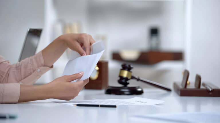 Image is of a person reviewing legal documents beside a judge's gavel, concept of legal rights after domestic violence in Cocoa Beach.