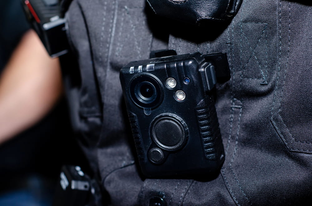 Image is of a police officer wearing a body camera, concept of video evidence used to evaluate a Cocoa Beach DUI case.